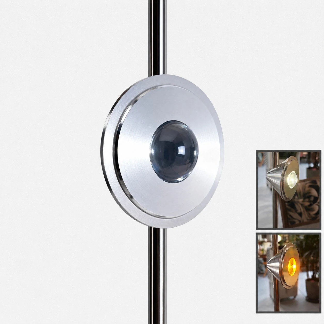 Round projection lens detail with warm lighting examples