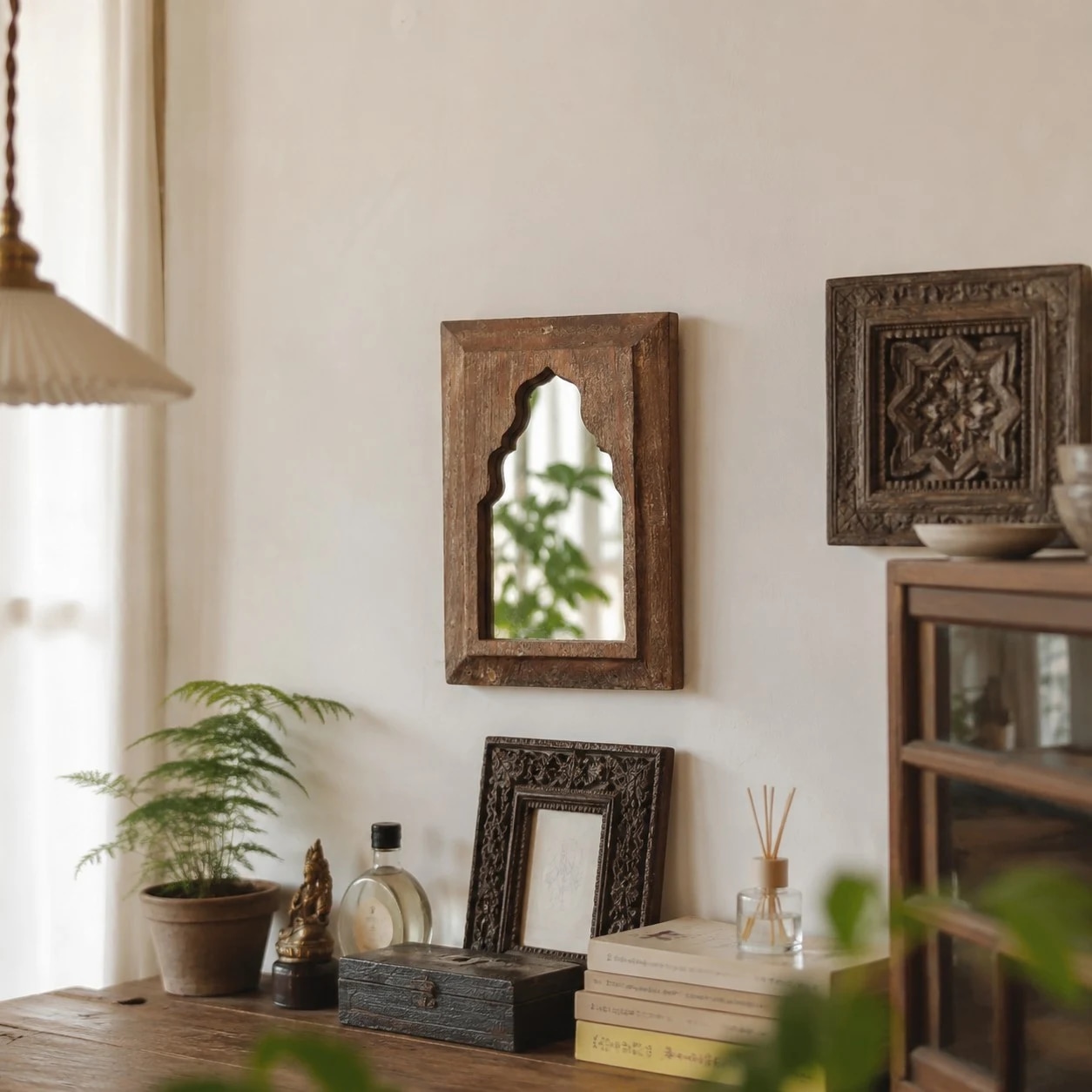 Rustic Carved Wood Arch Wall Mirror image 4