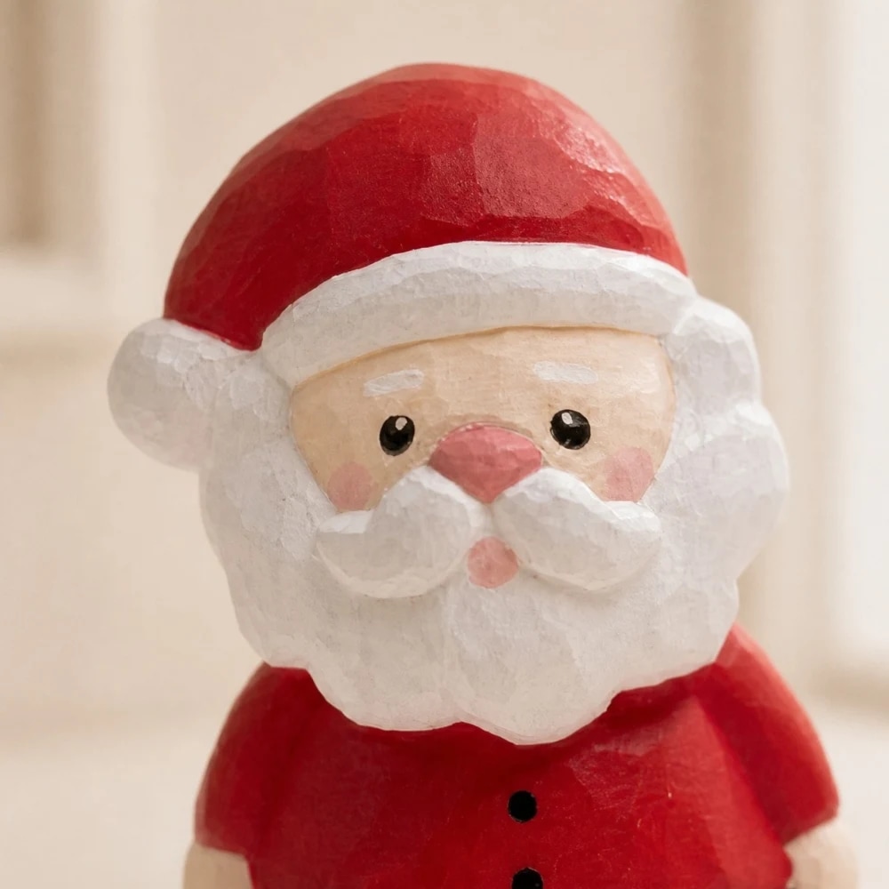 Close detail of handmade wooden Santa face and hat